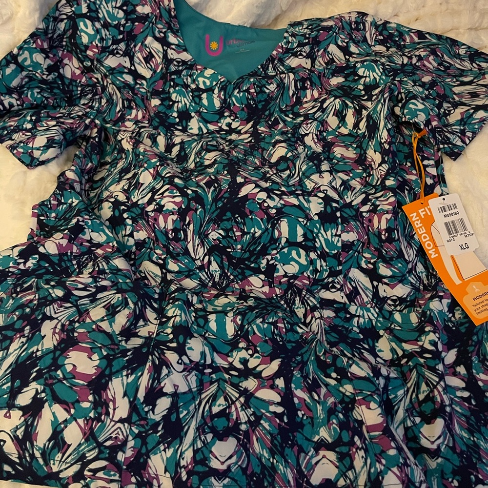 Urbane ultimate purple/teal/white scrub top. NWT